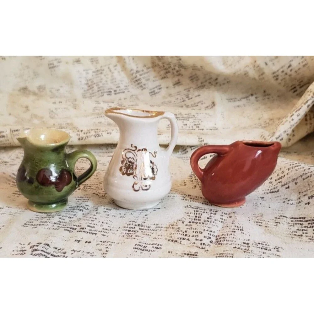 Artsy, Cottagecore - 3 Vintage Mini Pitchers - Green, White w/ Gold, Red Slipper